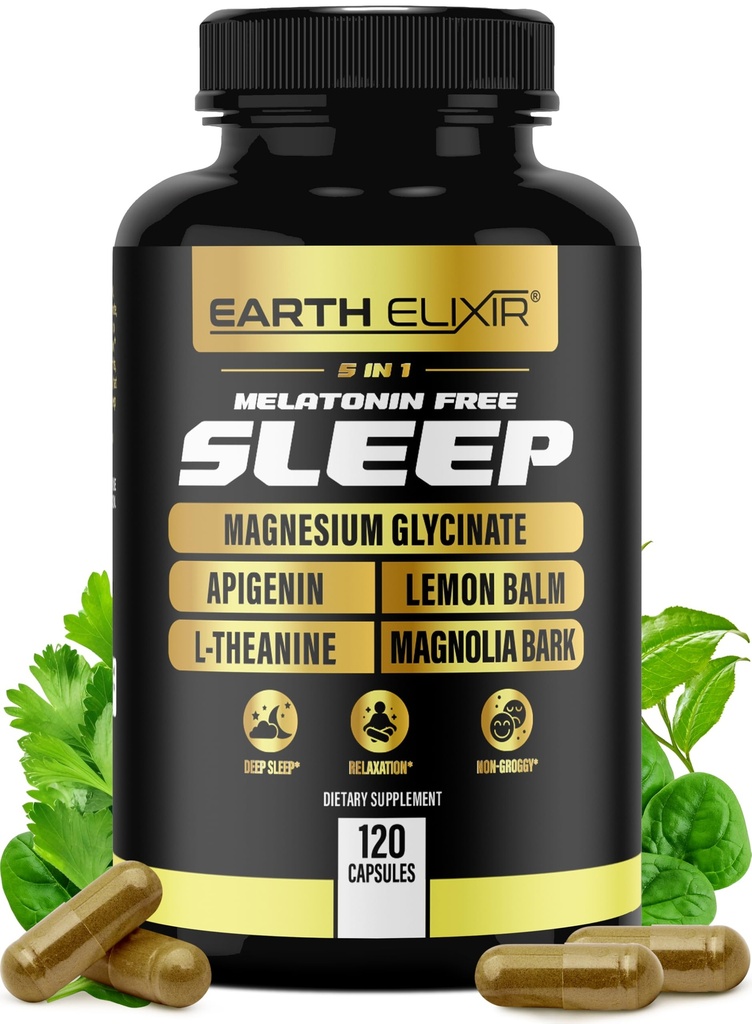 Earth Elixir 4-in-1 Sleep Aid (120 Caps) w/Apigenin 50mg, Μαγνήσιο Γλυκινικό 200mg, L Theanine 200mg & Βαλεριάνα Root for Sleep Aid 300mg 