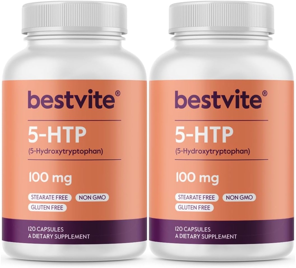 BESTVITE 5-HTP 100mg (240 κάψουλες) (120 x 2) - Δεν Stearates - Δεν Flow Agents - Μη ΓΤΟ - Χωρίς γλουτένη