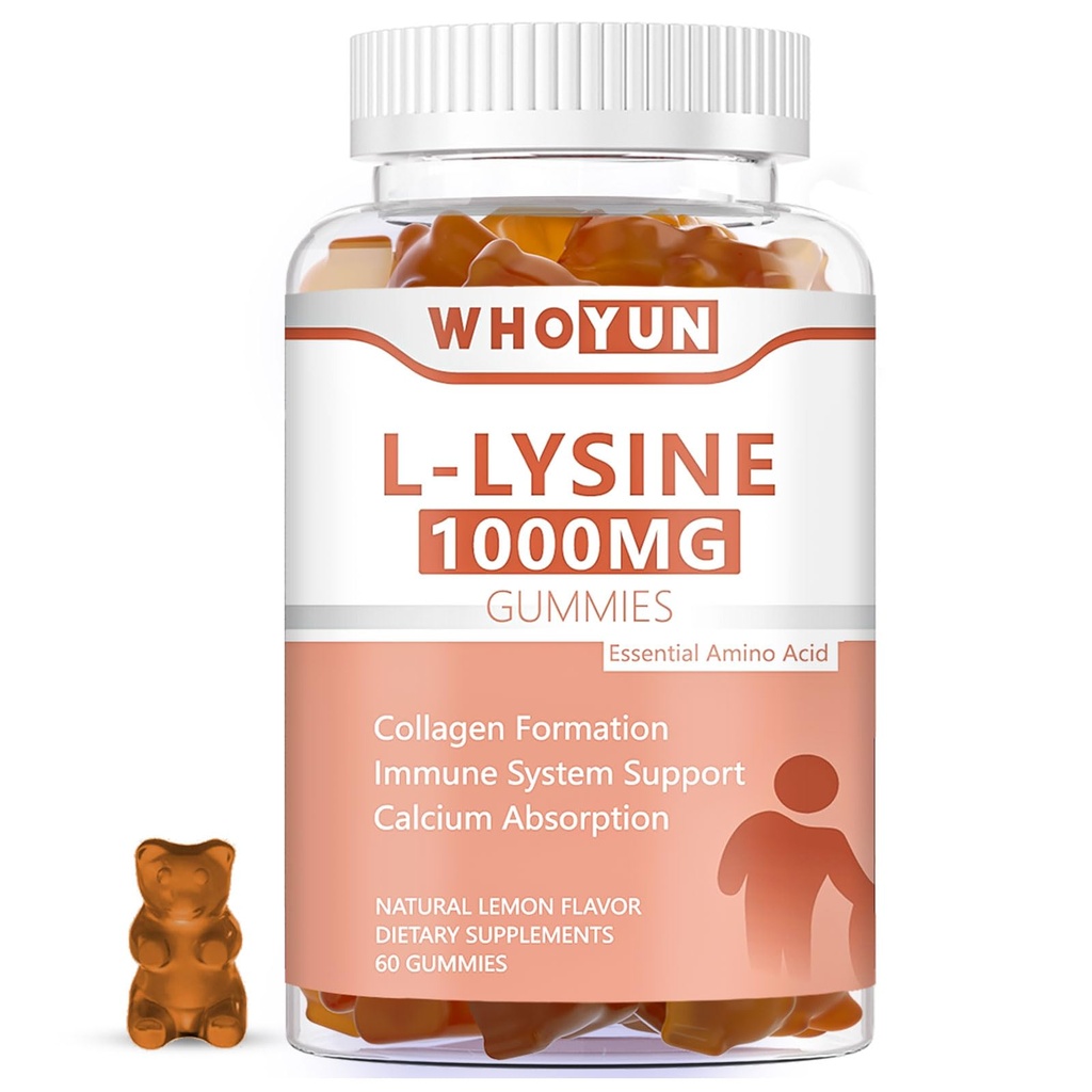 L-Lysine 1000mg Gummies, Chewable Lysine συμπλήρωμα για ενήλικες, ανοσοποιητική υποστήριξη, Collagen Formation Support, Λεμόνι Γεύση, 60 Count