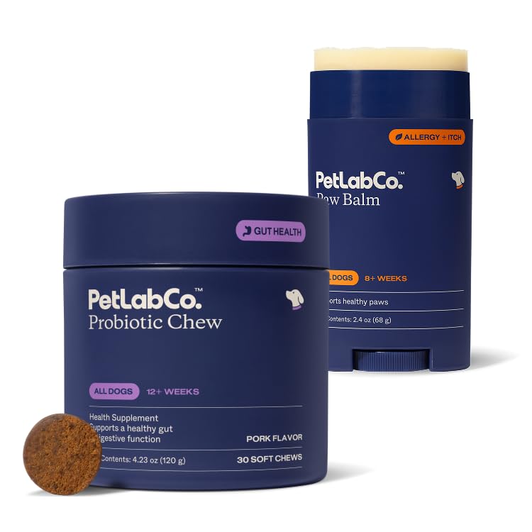 PetLab Co. Paw & Probiotic Bundle: Σκύλος Paw Balm για την υποστήριξη ξηρών, ρωγμών Paws 2.4 Ουγγιά & Προβιοτικά σκύλου για την υγεία των ούλων, εποχικές αλλεργίες, δέρμα & αυτί 30 κόμης