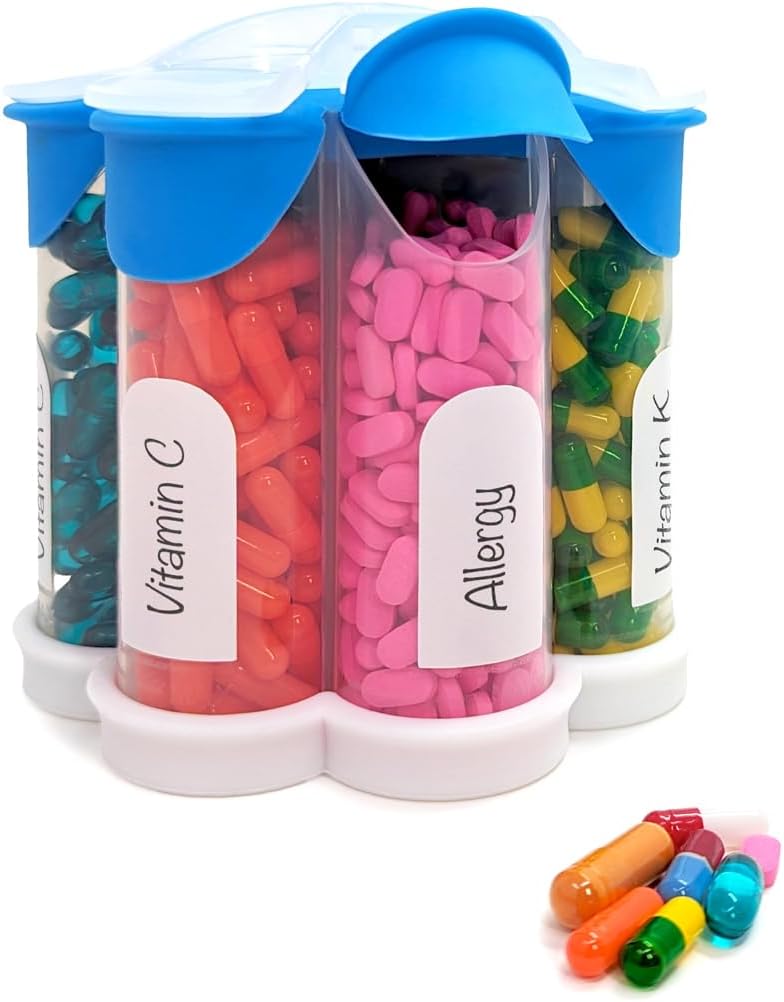 Extra Big Pill Organizer καθημερινά, εβδομαδιαία, μηνιαία μπουκάλι συμπλήρωμα, χαριτωμένο Blossom Pill Dispenser με 7 XL διαμερίσματα, Easy-Open κουτί χάπια για βιταμίνες, φάρμακα, ετικέτες περιλαμβάνονται (μπλε)
