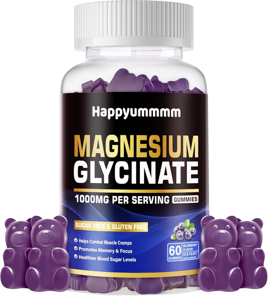 Μαγνήσιο Γλυκινικό Gummies 1000mg - Συμπλήρωμα χωρίς ζάχαρη Μαγνήσιο Κάλιο με βιταμίνη D, B6, CoQ10 για υποστήριξη ηρεμίας & ύπνου - 60 Gummies βατόμουρο