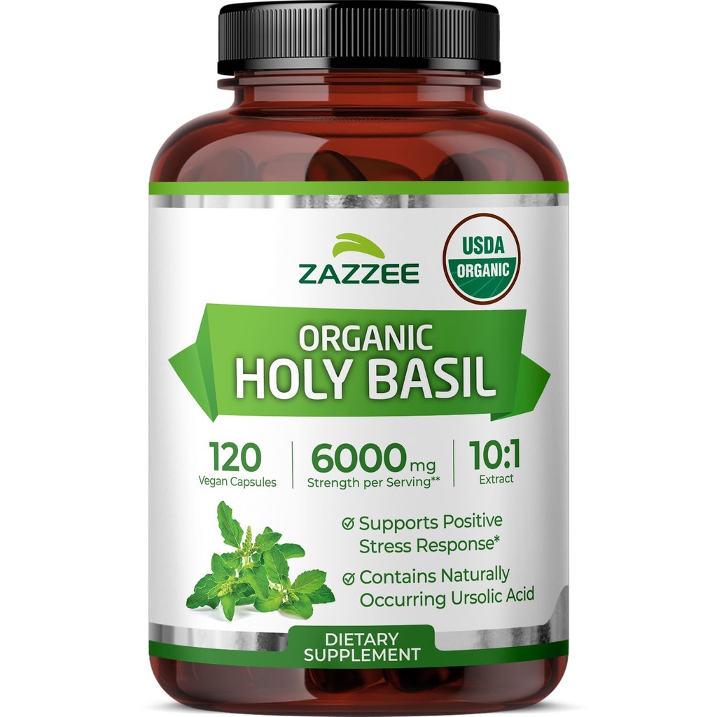 Zazzee USDA Organic Holy Basil 10:1 Extract, 6000 mg Δύναμη, 120 κάψουλες Vegan, συμπυκνωμένα και τυποποιημένα εκχύλισμα 10X Tulsi, ουρολικό οξύ, 100% πιστοποιημένο οργανικό, μη ΓΤΟ