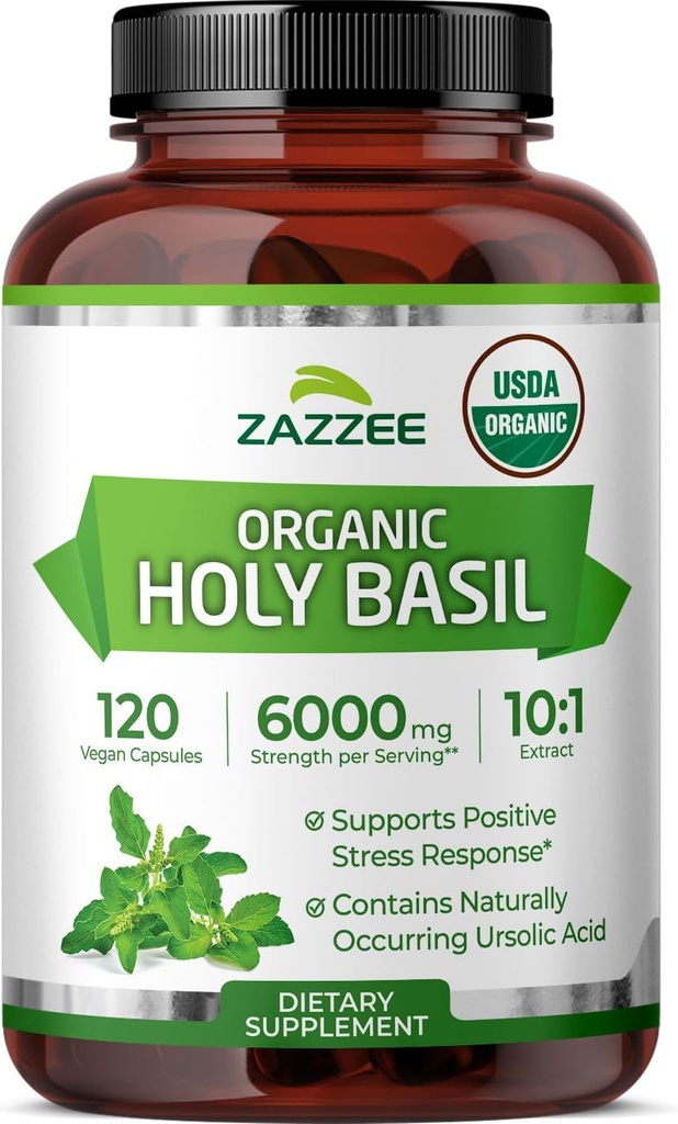 Zazzee USDA Organic Holy Basil 10:1 Extract, 6000 mg Δύναμη, 120 κάψουλες Vegan, συμπυκνωμένα και τυποποιημένα εκχύλισμα 10X Tulsi, ουρολικό οξύ, 100% πιστοποιημένο οργανικό, μη ΓΤΟ