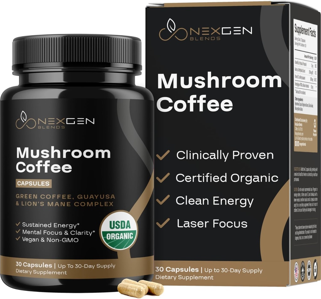 100% Organic Mushroom Coffee Capsules - Natural Energy Supplement with 130mg Caffeine from Clinically Proven Patented Green Coffee Bean & Guayusa Extracts for Jitter-Free Energy & Focus (30 Servings)
