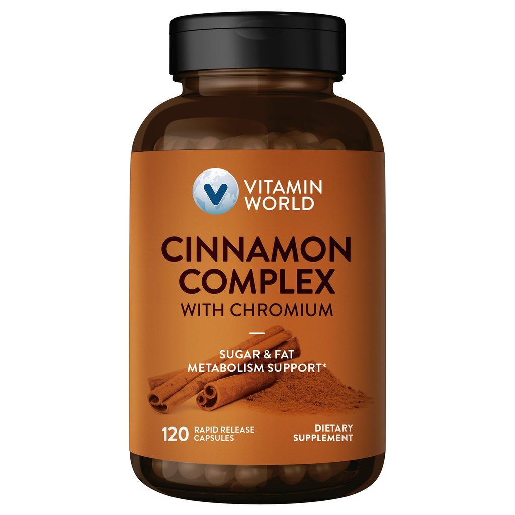 Βιταμίνη World Cinnamon Complex με Χρώμιο, 1000 mg Συμπληρώματα κανέλας με Χρώμιο υψηλής ισχύος για υγιή Μεταβολισμό & Αντιοξειδωτική Προστασία, 120 κάψουλες, 2 μήνες προσφοράς, Χωρίς γλουτένη