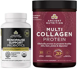 Αρχαία Διατροφή Αναγεννητική Βιολογικά Πιστοποιημένα Προβιοτικά για Εμμηνόπαυση, 60 Count + Multi Collagen Protein Powder Unflavored, 45 Υπηρεσίες