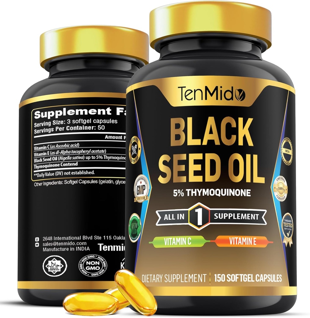 Συμπλήρωμα Black Seed Oil Capsules - 4in1 Formula - Συνδυάστε με Βιταμίνη C, Βιταμίνη Ε - Digestive Health, Immune Support - Πλούσιο σε Nutrient - 150 κάψουλες Softgel