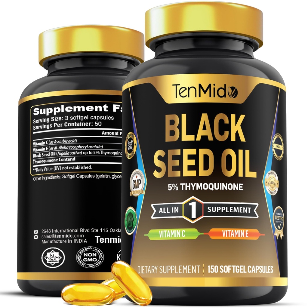 Συμπλήρωμα Black Seed Oil Capsules - 4in1 Formula - Συνδυάστε με Βιταμίνη C, Βιταμίνη Ε - Digestive Health, Immune Support - Πλούσιο σε Nutrient - 150 κάψουλες Softgel
