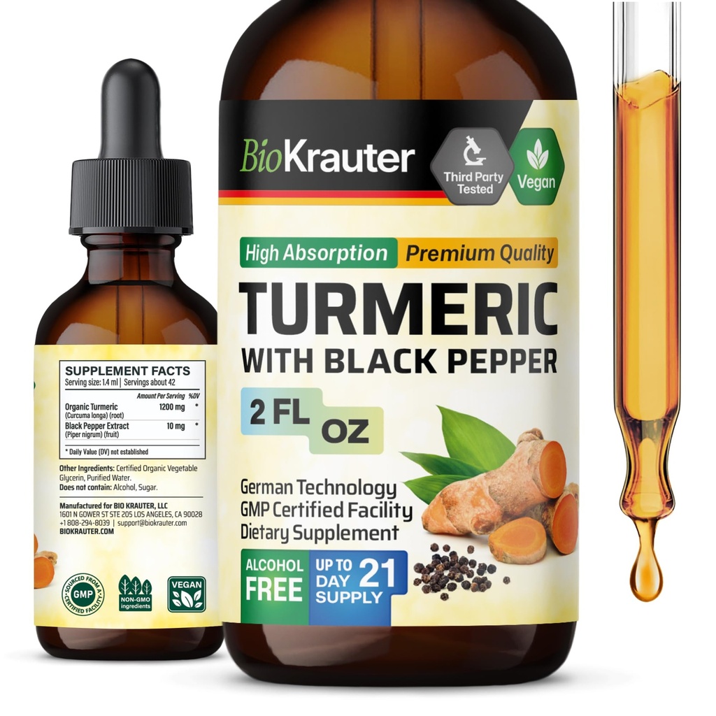 BIO KRAUTER Turmeric Supplement Βάμμα - 1200 mg Turmeric Curcumin with Black Pepper Extract - Αλκοόλ και Χωρίς Ζάχαρη - Vegan Drops 2 Fl.Oz.