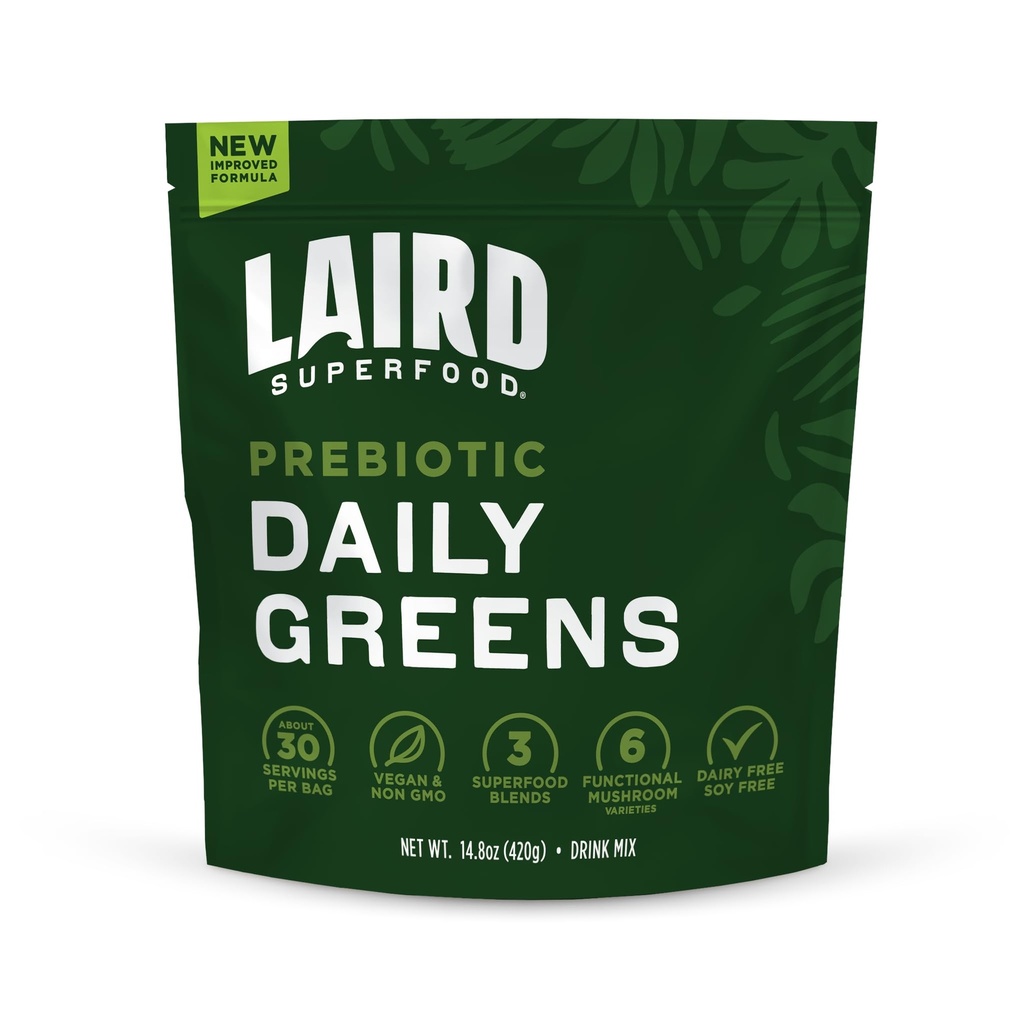 Laird Superfood Prebiotic Daily Greens Powder – Ουσιώδεις Βιταμίνες & Ορυκτά - Προβιοτικές Ίνες, Προσαρμογές και Φρούτα & Λαχανικά – Υποστηρίζει την Υγεία των Ούρων – Μη ΓΤΟ, Vegan - 14,8 oz Bag, Συσκευασία του 1