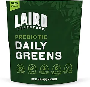 Laird Superfood Prebiotic Daily Greens Powder – Ουσιώδεις Βιταμίνες & Ορυκτά - Προβιοτικές Ίνες, Προσαρμογές και Φρούτα & Λαχανικά – Υποστηρίζει την Υγεία των Ούρων – Μη ΓΤΟ, Vegan - 14,8 oz Bag, Συσκευασία του 1