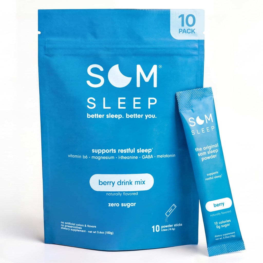 Som Sleep, Calm Sleep Powder Drink Mix, 3mg Μελατονίνη, Μαγνήσιο, Βιταμίνη Β6, L-Θεανίνη & GABA – Vegan, Zero Sugar, Keto Friendly – Berry, 10-Pack