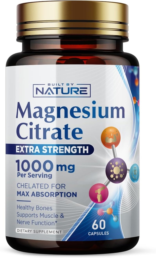 Μαγνήσιο Κιτρικό 1000mg - Max Απορρόφηση & Υψηλή Ικανότητα Magnesium Complex συμπλήρωμα για την καρδιά, τους μυς, το νεύρο, την υγεία των οστών & το στρες ανακούφιση - Μη-ΓΤΟ, Γλουτένη-ελεύθερο - 60 Vegan Κάψουλες