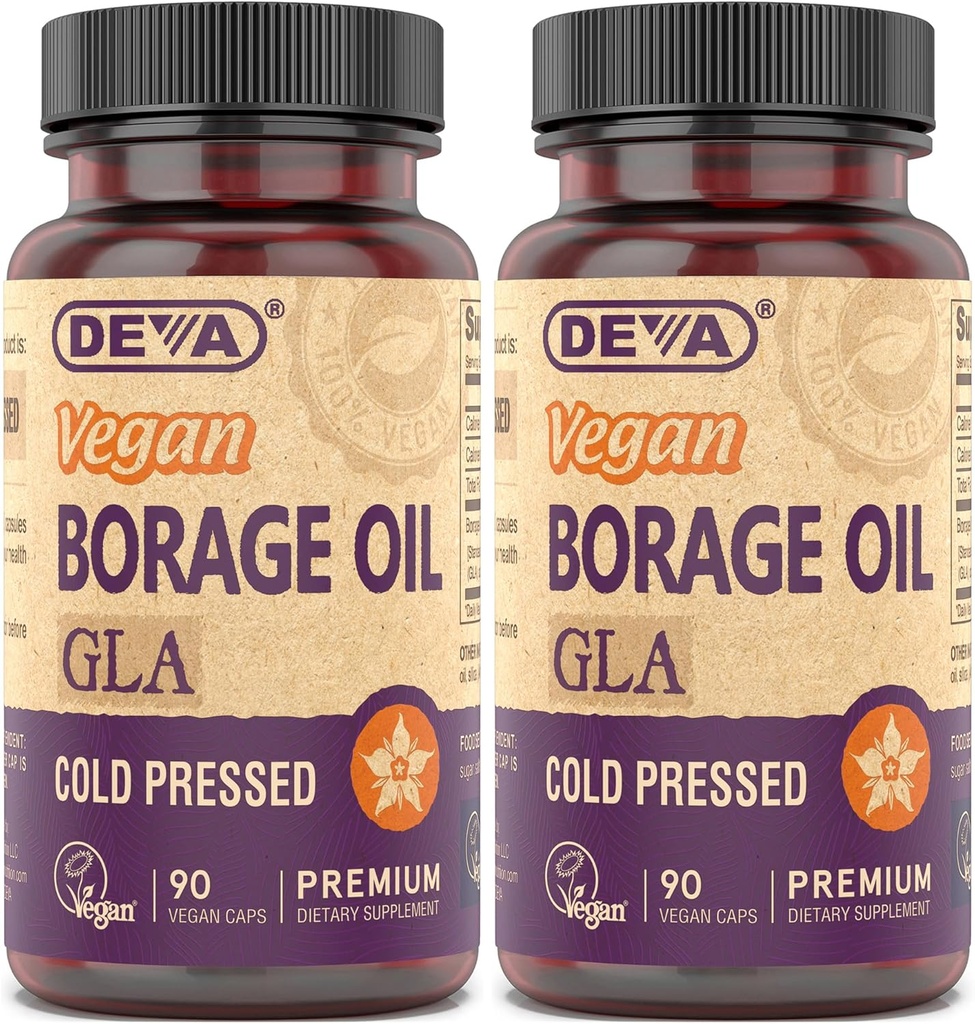DEVA Vegan Vitamins, Borage Oil 500mg, Πηγή Ωμέγα-6 Λιπαρά Οξέα GLA (Λινολενικό Οξύ Γκάμμα), Ψυχρό-Pressed & Unrefined, 90 δισκία (Pack of 2)