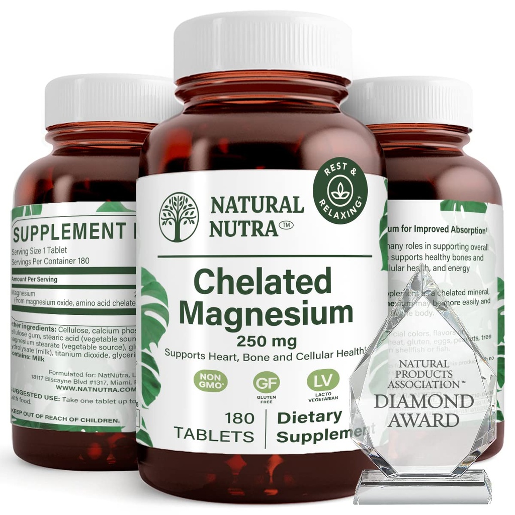Natural Nutra Chelated Magnesium Oxide 250 mg - Υψηλή Απορρόφηση για τα ισχυρά οστά, την υγεία της καρδιάς, την οδοντιατρική υγεία, την ενεργειακή ενίσχυση, χωρίς γλουτένη, μη GMO, 180 δισκία σε BPA-free ανακυκλώσιμα γυάλινα μπουκάλια