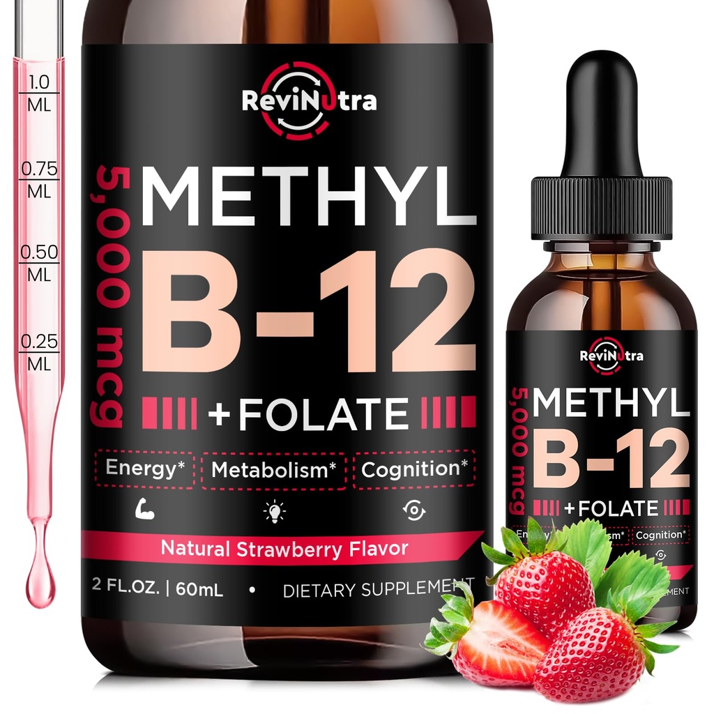 Βιταμίνη Β12 υγρές σταγόνες, βιταμίνες Β12 5000 mcg, βιταμίνη Β Complex συμπλήρωμα με μεθυλοκοβαλαμίνη Β12 Υπογλώσσια, βιταμίνη Β6, Φολικό για την ενέργεια, τον εγκέφαλο, την υγεία της καρδιάς, Vegan Φράουλα Γεύση 2 Fl Oz