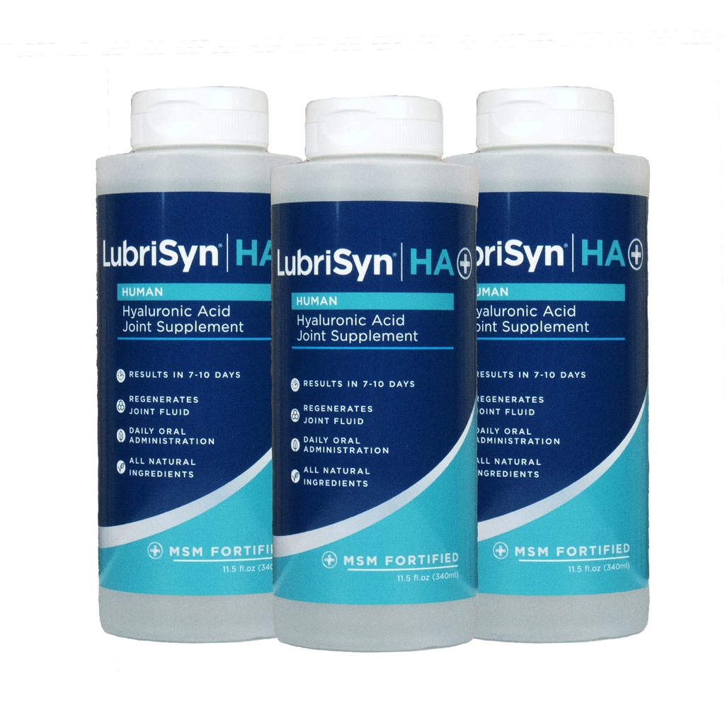 LubriSyn HA Plus Human Liquid Hyaluronic Acid Plus MSM Joint Supplement, Oral HA for People, Supports Healthy Knees, Hips & Joint Function for Men & Women, 30-Day Supply, 11.5 oz, 3 Pack