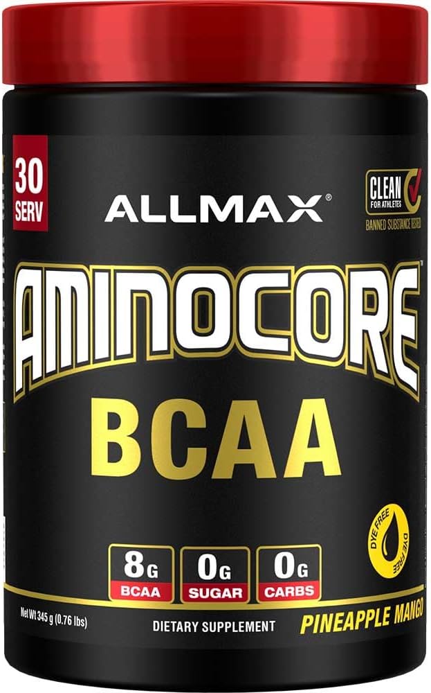 ALLMAX Διατροφή AMINOCORE BCAA σκόνη, 8,18 γραμμάρια αμινοξέων, Ενδο- και μετά την προπόνηση ανάκτησης ποτών, χωρίς γλουτένη, ανανά Mango, 315 g
