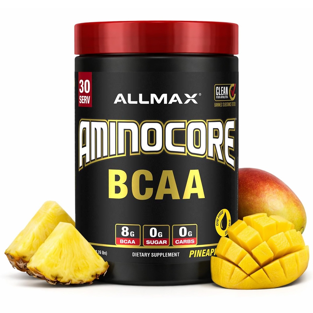 ALLMAX Διατροφή AMINOCORE BCAA σκόνη, 8,18 γραμμάρια αμινοξέων, Ενδο- και μετά την προπόνηση ανάκτησης ποτών, χωρίς γλουτένη, ανανά Mango, 315 g