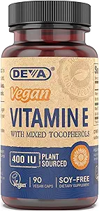 DEVA Vegan Vitamins Natural Vitamin E 400IU with Mixed Tocopherols, Supports Immune System & Skin Nutrition, Natural Antioxidant & Gluten Free, Dairy Free, Non-GMO, 90 Capsules