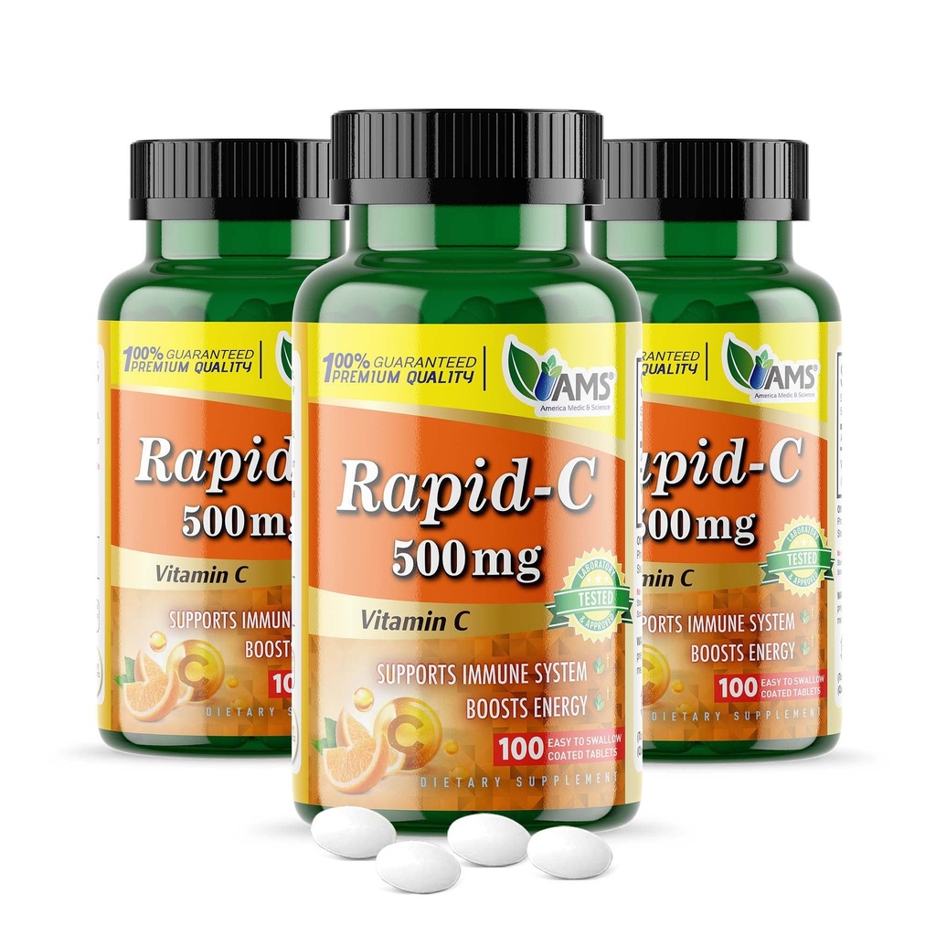 America Medic & Science Rapid-C 500mg συμπλήρωμα βιταμίνης C (3 Pack of 100 Tablets) Ενεργειακός ενισχυτής, Καθημερινή υποστήριξη ανοσοποιητικού συστήματος, Αντιοξειδωτικό 