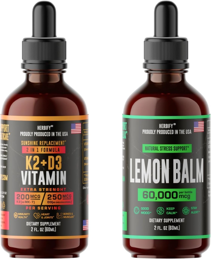 HERBIFY Bundle - K2 and D3 Drops & Lemon Balm Tincture - Bone Strength & Mood Boost