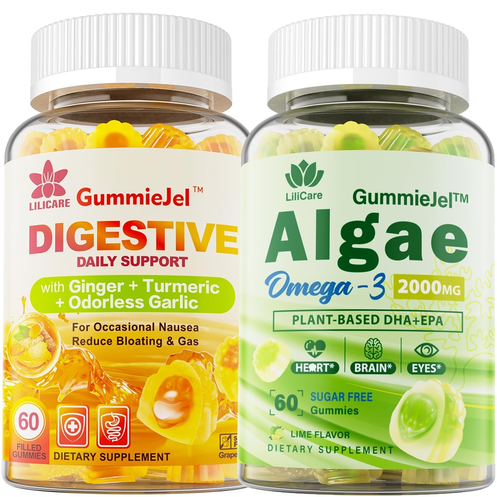 LILICARE Sugar Free Ωμέγα 3 Λιπαρά Οξέα 2000mg Με 640mg DHA & 290mg EPA, Πολυβιταμίνη, CoQ10, Ασταξανθίνη + Ginger Filled Gummies for Nausea - Stomach Relief - Εξαιρετικά Απορρόφηση για Υποστηρικτική Υποστήριξη