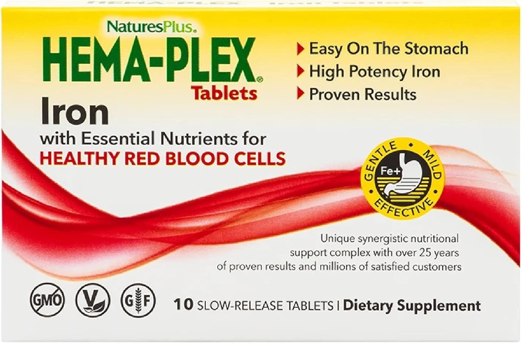 NaturesPlus Hema- Plex Iron - 10 Slow- Release Tablets - 85 mg Chelated Iron - Ολική Υγεία αίματος - με Βιταμίνη C & Bioflavonoids - Vegan, Χωρίς Γλουτένη - 10 Σερβιέτες