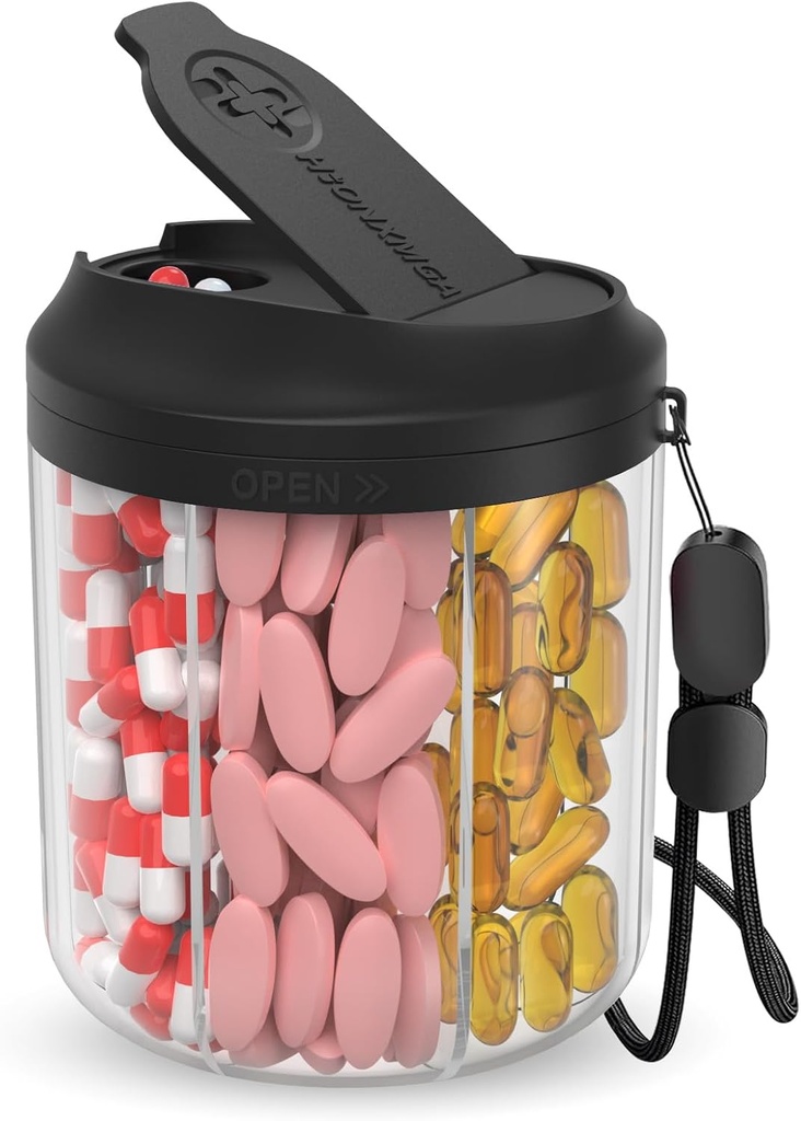 Pill Dispenser με 7 μεγάλα διαμερίσματα, Pill Bottle Organizer 4.4" H x 3.6" Dia για ταξίδια, συμπλήρωμα Organizer με Anti-Mixing Design, BPA-free Pill Container με 20 Pcs Labels, Μαύρο