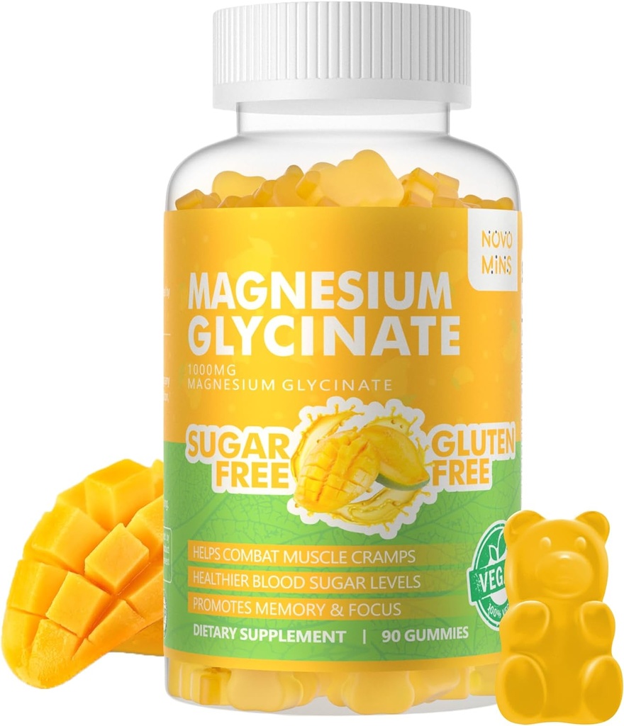 90 CT Μαγνήσιο Γλυκινικό Gummies 1000mg - Συμπλήρωμα μαγνησίου χωρίς ζάχαρη με βιταμίνη D, B6, CoQ10 για υποστήριξη ηρεμίας & ύπνου - 90 Mango Pineapple Gummies