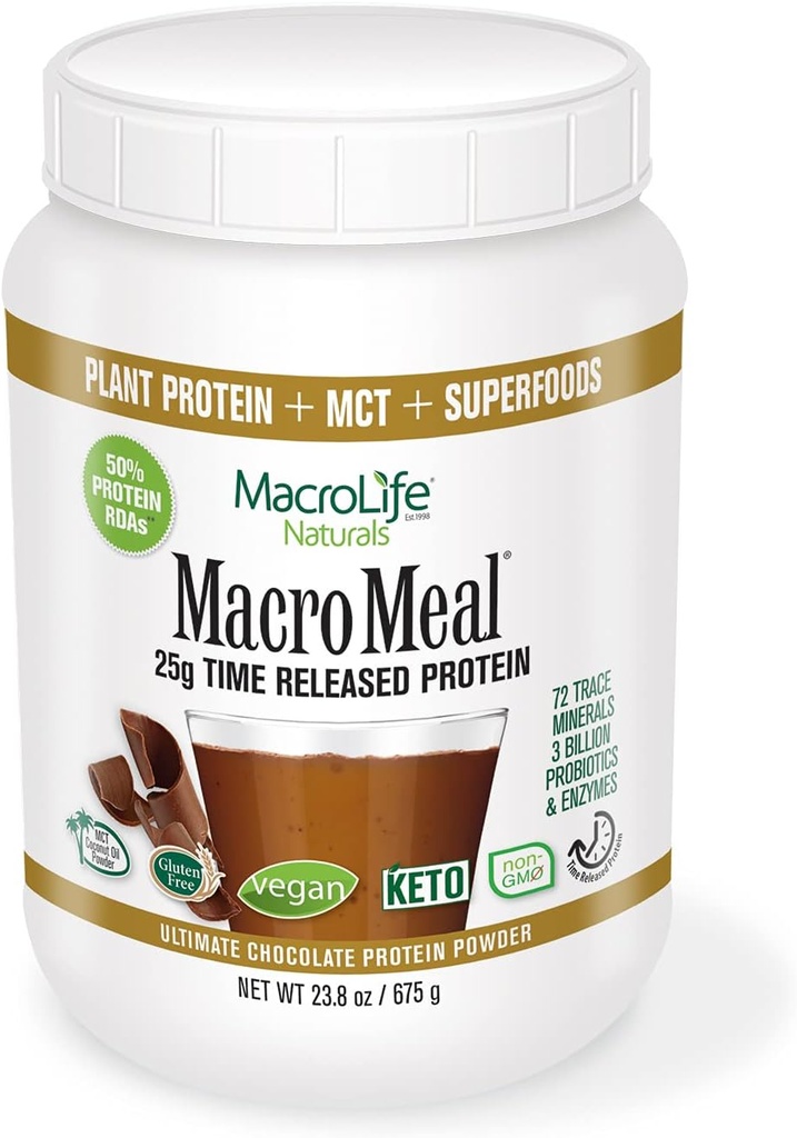 MacroLife Naturals MacroMeal Vegan Chocolate Protein Powder Superfood Greens Probiotics + Fiber, ανοσοποιητική ενέργεια Diestive Καθημερινή Απαραίτητα για γυναίκες & άνδρες Gluten-Free - 23.8oz (15 σερβίροντας) σοκολάτα