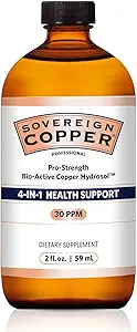 Sovereign Pro-Strength Bio-Active Copper Hydrosol - Bioavailable Copper Liquid Supplement for Adults & Kids with Silver Hydrosol for Hair, Skin, & Nails, 30ppm - 2 fl oz (59mL)