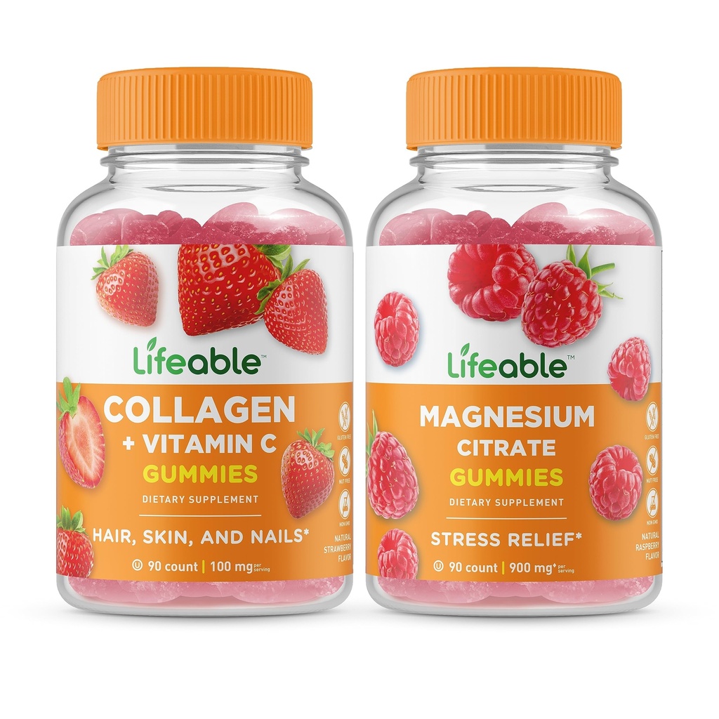 Lifeable Collagen & Vitamin C + Magnesium, Gummies Bundle - Great Tasting, Vitamin Supplement, Gluten Free, GMO Free, Chewable Gummy