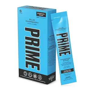 PRIME HYDRATION+ Sticks Blue Raspberry | Hydration Powder Single Serve Sticks | Electrolyte Powder On The Go | 250mg BCAAs, B Vitamins, Antioxidants | Low Sugar | Caffeine-Free | Vegan | 6 Sticks