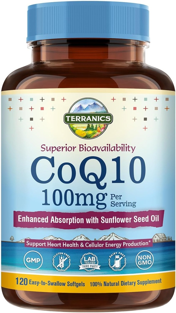 Terranics CoQ10 100mg, 120 Softgels, Απορρόφηση με Extra Virgin Olive Oil, Heart Health & Energy Production