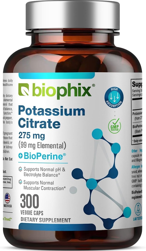 δισόξινο κάλιο Κιτρικό 275 mg με BioPerine 300 κάψουλες Veggie - Υποστηρίζει την ισορροπία ηλεκτρολυτών, Nerve., λειτουργία μυών και την υγεία της καρδιάς