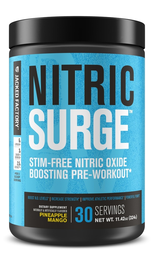 Jacked Εργοστάσιο Nitric Surge Stim Δωρεάν προ προπόνηση σε σκόνη - Caffeine-free Nitric Oxide συμπλήρωμα w/Con-Cret Creatine, L Citrulline, & GlycerSize Γλυκερόλη - Ανανά Mango, 30 εξυπηρετούν