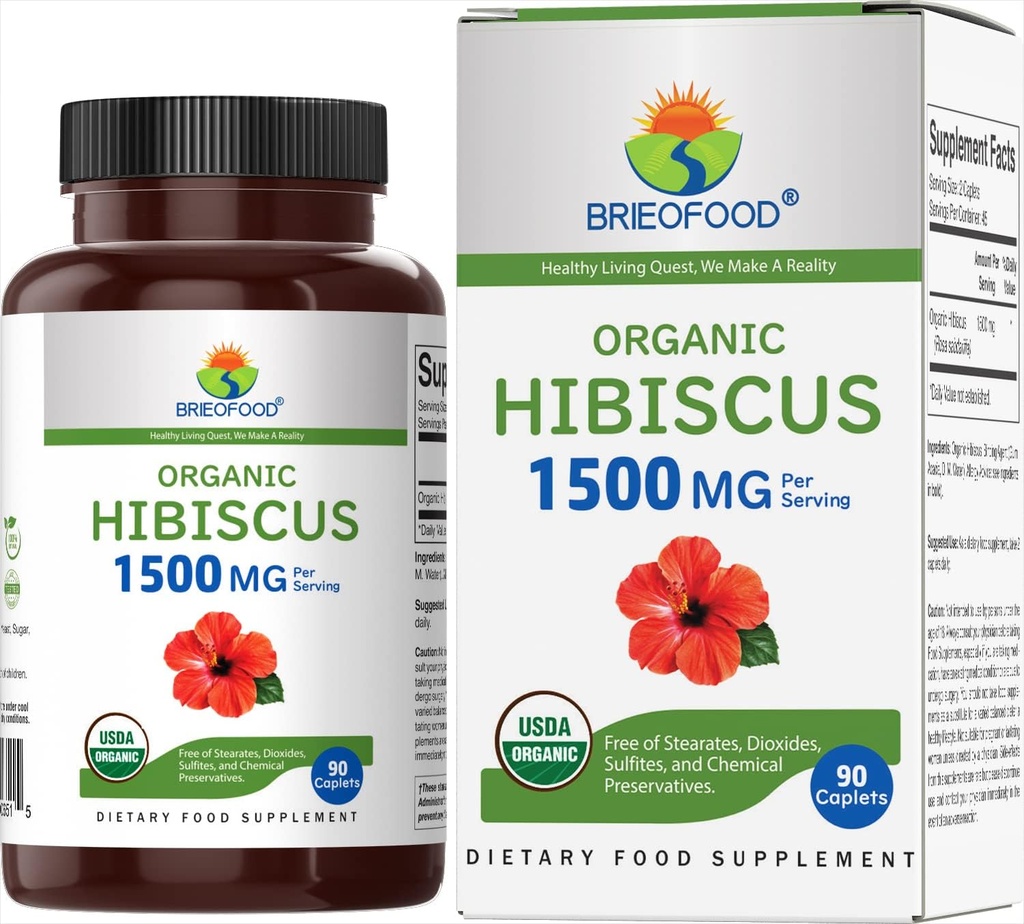 Brieofood Organic Hibiscus 1500mg, 45 μερίδες, χορτοφαγικά, Χωρίς γλουτένη, 90 χορτοφαγικά δισκία