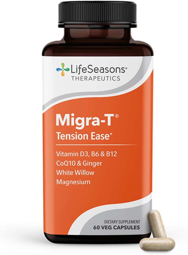 LifeSeasons Migra-T με Relieve-R - Ημικρανία Πρόληψη & Συμπλήρωμα ανακούφισης - Υποστήριξη για Σοβαρούς Πονοκέφαλους - Μειώνει τον ελαφρύ ήχο και την ευαισθησία Odor - Feverfew, White Willow, Magnesium Ginger & CoQ10