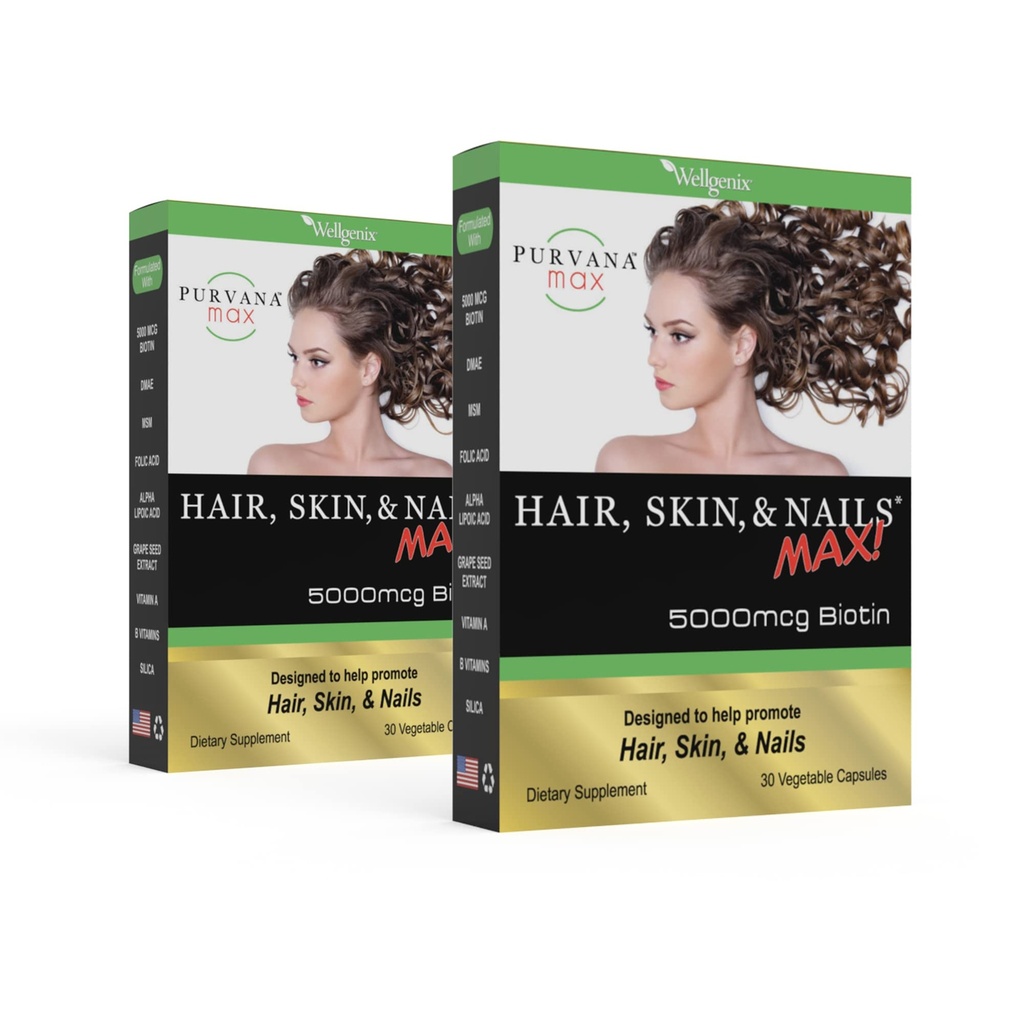 Purvana Max Hair, Skin, and Nails Vitamin - 5000mcg Biotin, Follic Acid, DMAE, Grape Seed Extract - One a Day Vegan Hair, Skin, Nails Support - Προάγει την παραγωγή κολλαγόνου - 30 Caps (Pack of 2)