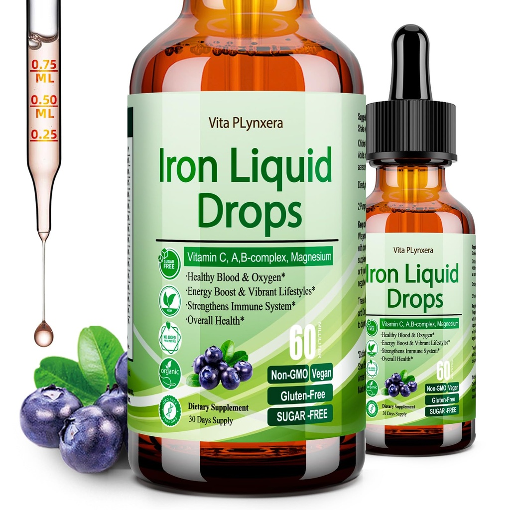 Liquid Iron Supplement for Women Men & Kids, Vegan Iron Drops with Vitamin C D, B12, B-Complex, High Potency Liquid with Multivitamin for Anemia, Energy Support, Blood, Magnesium Gentle