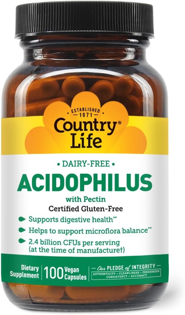 Country Life Acidophilus Probiotic Supplement for Women & Men - Χωρίς κοινά αλλεργιογόνα - 2.4 Δισεκατομμύρια CFUs για την υποστήριξη της Digestive Health - Dairy-Free, Non-GMO, 100 Vegan Κάψουλες