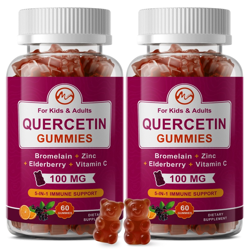 (2 Pack) Κουερσετίνη Gummies με Bromelain, Elderberry, Ψευδάργυρος και βιταμίνη C - Chewable Quercetin 700mg συμπλήρωμα για Ανοσία, Αλλεργία, Υποστήριξη γήρανσης - Vegan Gummies για ενήλικες & παιδί