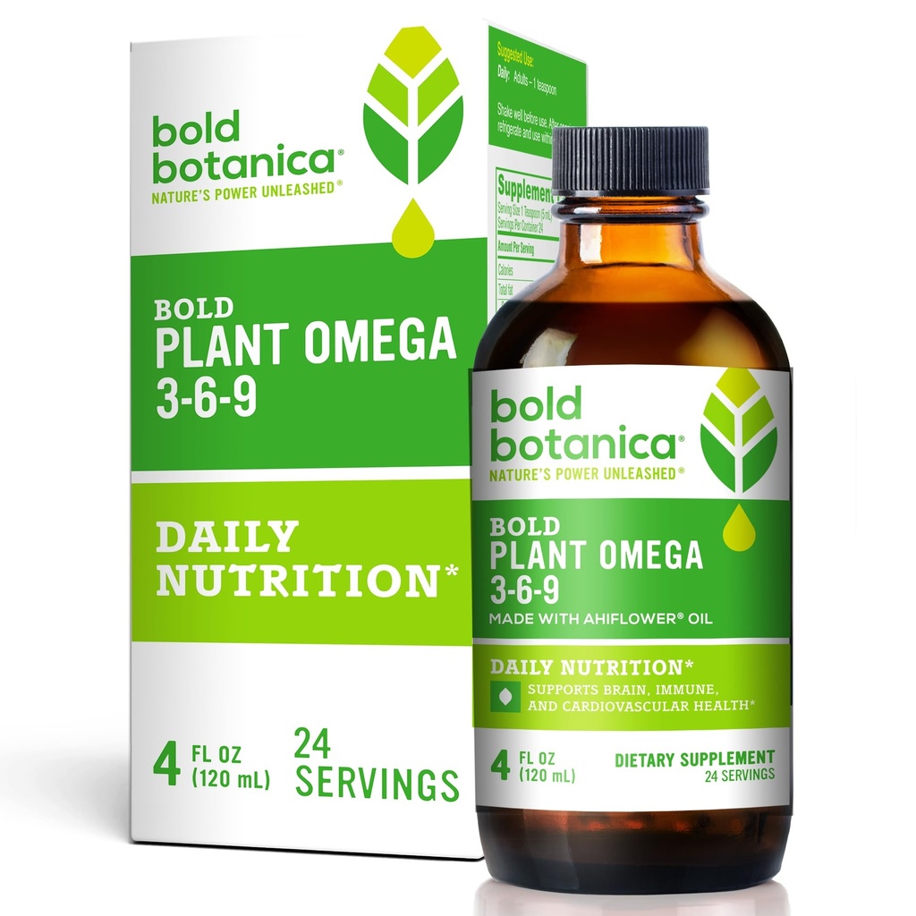 Bold Botanica Plant Vegan Omega 3-6-9 with Ahiflower Oil, Omega 3 Liquid Supplement for Women & Men, Plant-Based Omegas for Brain & Immune Health, Better Than Flax, Fish Free, Sugar-Free, 4 fl oz