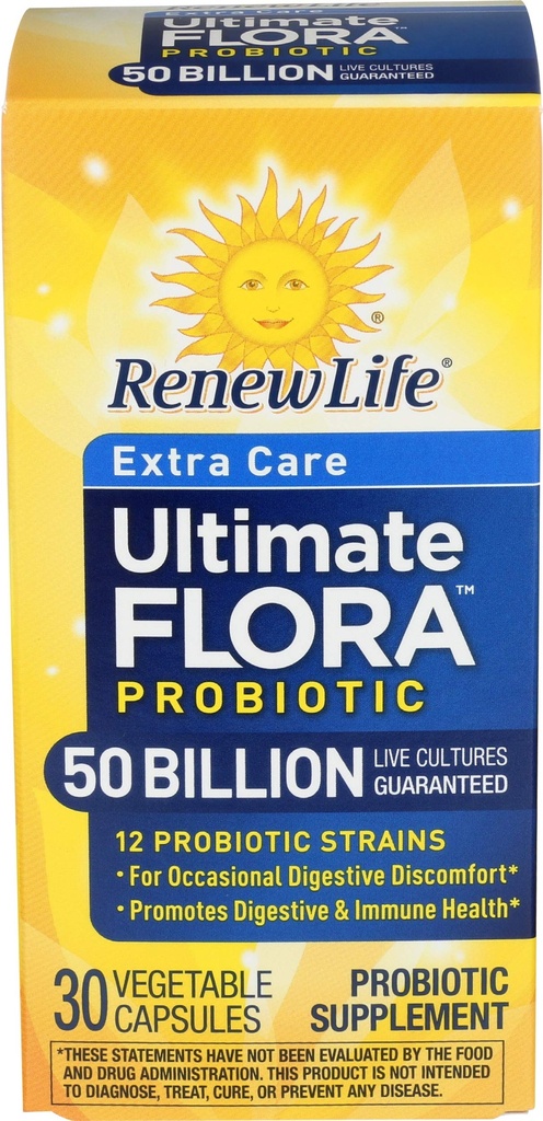 Renew Life Extra Care Digestive Probiotic Capsules, 50 δισεκατομμύρια CFU Εγγυημένα, ημερήσιο συμπλήρωμα υποστηρίζει ανοσοποιητικό, Digestive, αναπνευστική υγεία(1), L. Rhamnosus GG, γαλακτοκομικά, σόγια και γλουτένη-ελεύθερο, 30 Count