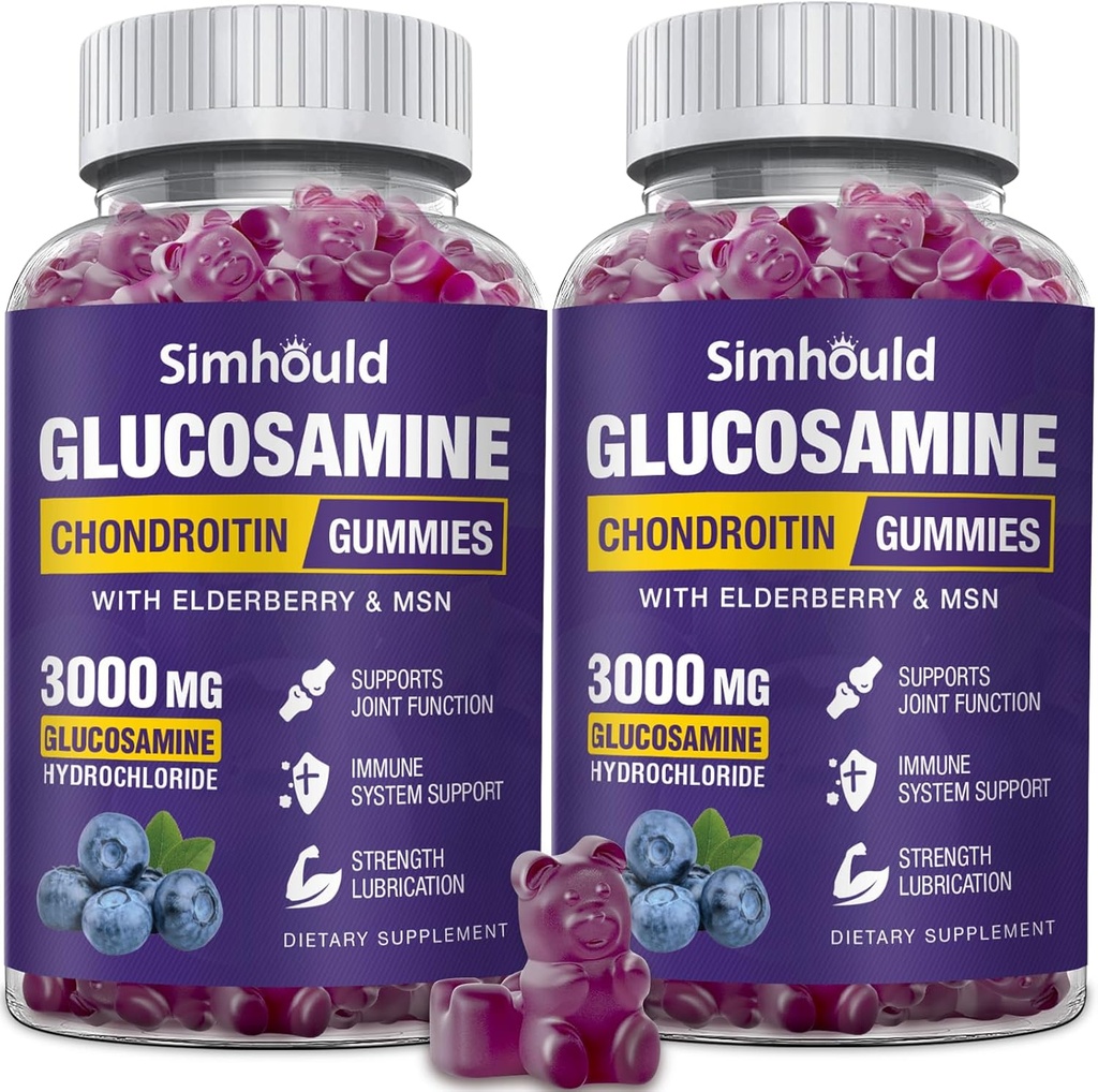 2 συσκευασίες Glucosamine Chondroitin Gummies - 3000MG πρόσθετο συμπλήρωμα κοινής υποστήριξης δύναμης με MSM & Elderberry, Ευελιξία, Αντιοξειδωτική ανοσοποιητική υποστήριξη Gummy για ενήλικες, άνδρες και γυναίκες