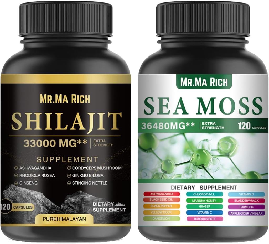 Sea Moss και Shilajit Capsule Bundle, Ashwagandha Rhodiola Rosea Ginseng Cordyceps Mushroom Ginkgo Biloba Sting Nattle Magic Moss Blendim Μαύρος σπόρος Turmeric Bladderwrack Burdock Μαύρο πιπέρι