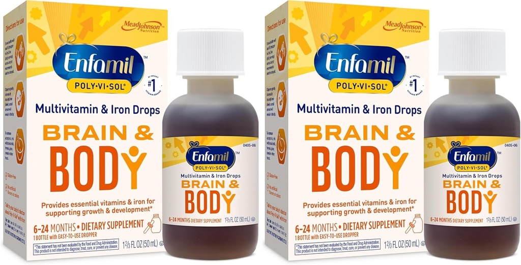 Enfamil Prenatals & Baby Vitamins Poly-Vi-Sol 8 Multi-Vitamins & Iron Supplement Drops for Infants & Toddlers, Υποστηρίζει την ανάπτυξη και την ανάπτυξη, 50 mL μπουκάλι σταγονόμετρο (πακέτο του 2)