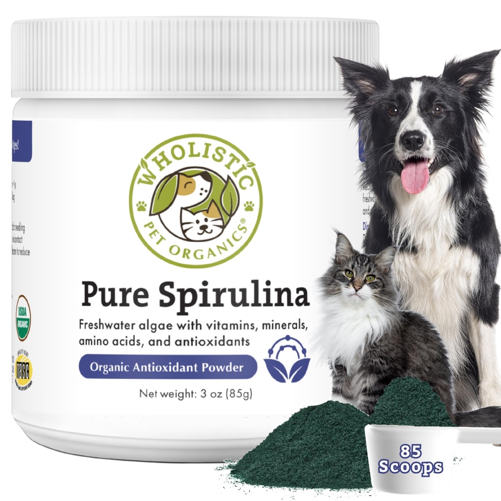 Wholistic Organics Pet Spirulina for Dogs - 3 Oz - Υποστηρίζει Υγιεινό Ανοσολογικό Σύστημα & Εποχική Αλλεργία - Plant Based Antioxidant Support for Homemade Food - Organic Dog Food Topper - Φρέσκο Κατασκευασμένο στις ΗΠΑ